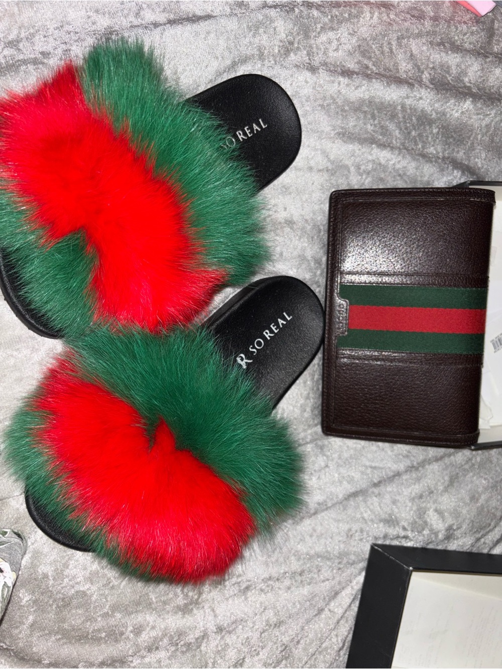 Women’s Red & Green Faux Fur Slide Flats